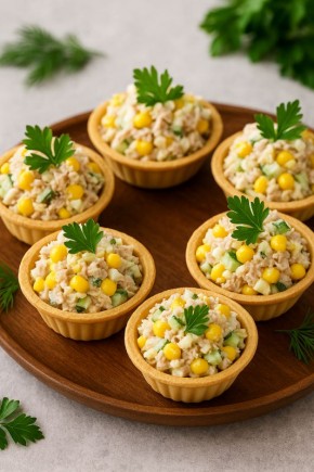 Нежная закуска к Новому году: салат с тунцом и кукурузой в тарталетках