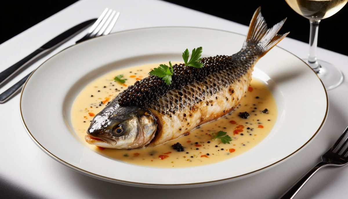 Изысканный осетр в шампанском соусе с икрой