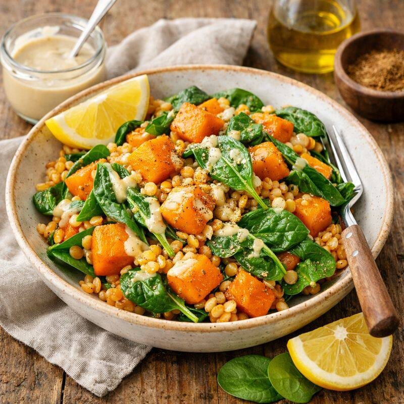 Восстановительный тёплый салат из чечевицы с тыквой и шпинатом