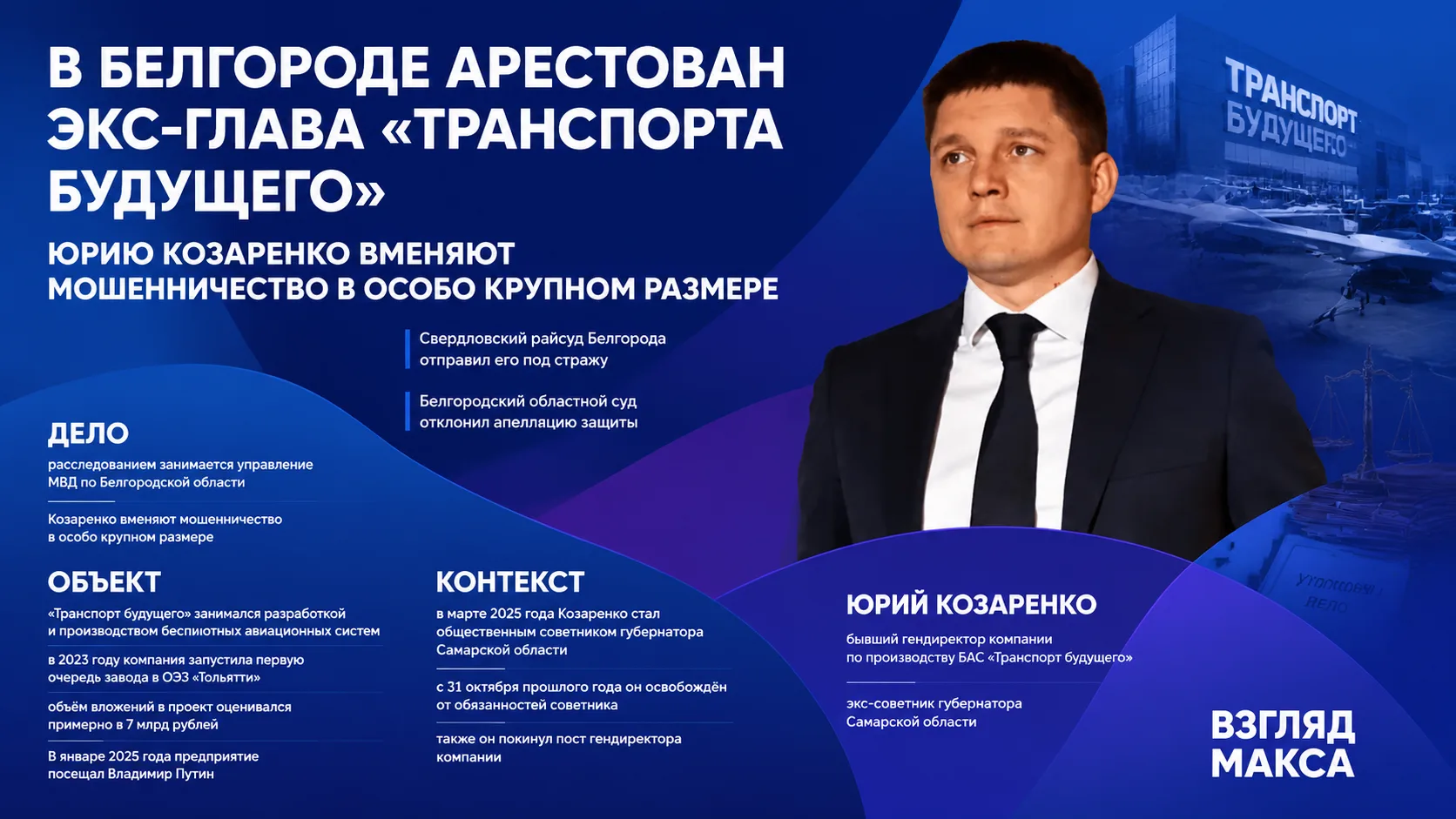 В Белгороде арестован бывший гендиректор компании «Транспорт будущего» Юрий Козаренко, ранее занимавший должность общественного советника губернатора Самарской области Вячеслава Федорищева