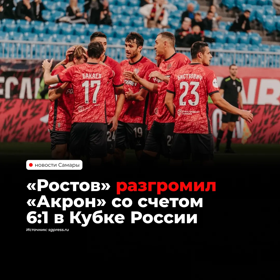 Тольяттинский «Акрон» проиграл «Ростову» со счётом 1:6 в матче 5-го тура группового этапа Пути РПЛ Кубка России